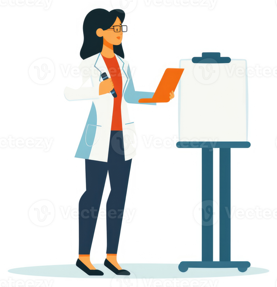 A female doctor giving a presentation with a laptop and whiteboard. png