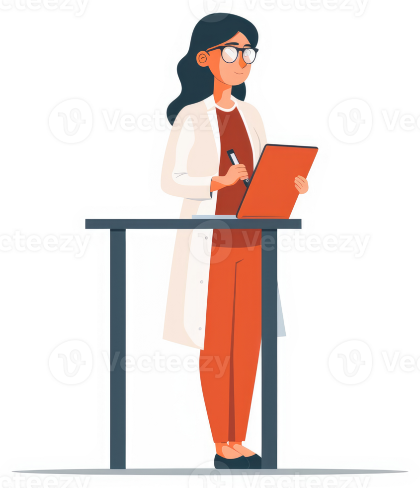 A female scientist working on a tablet at a standing desk. png