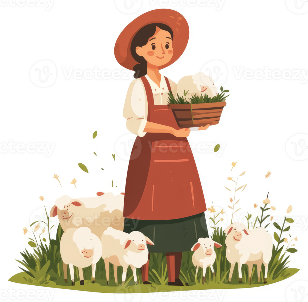 A woman farmer tending to her sheep in a lush green pasture. png
