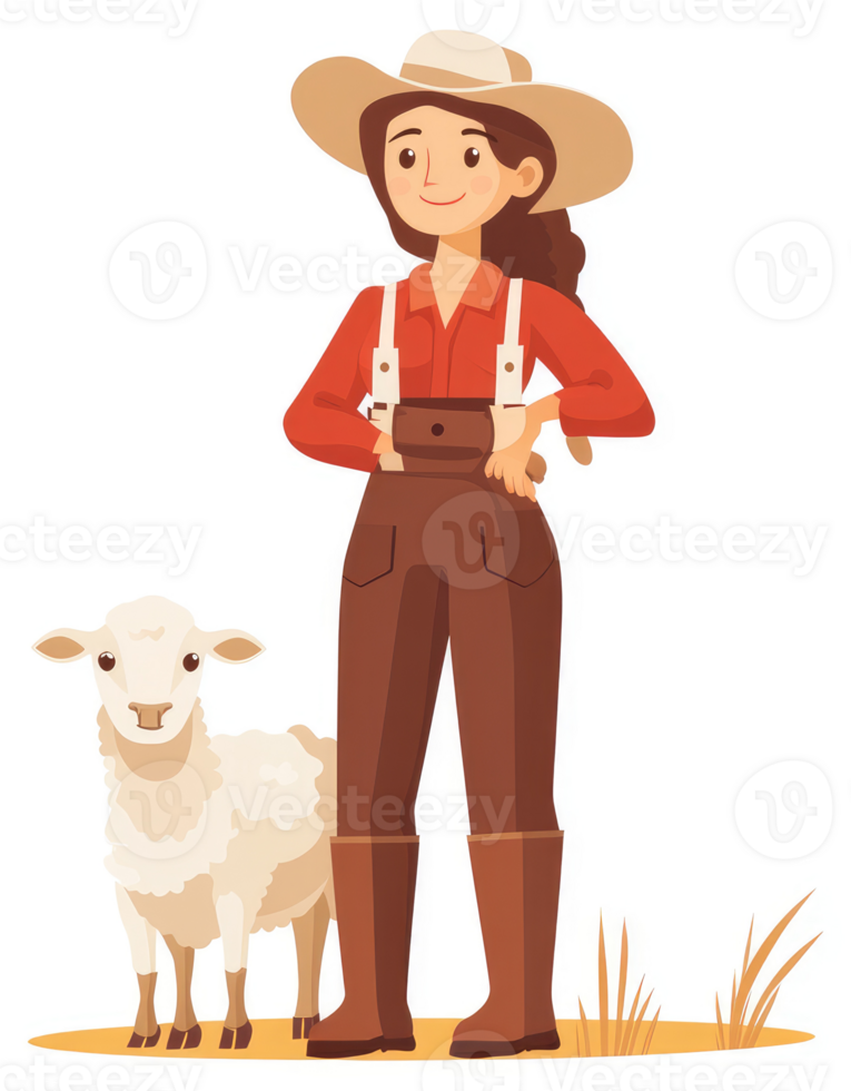 A smiling farmer with a sheep stands proudly in a field. png