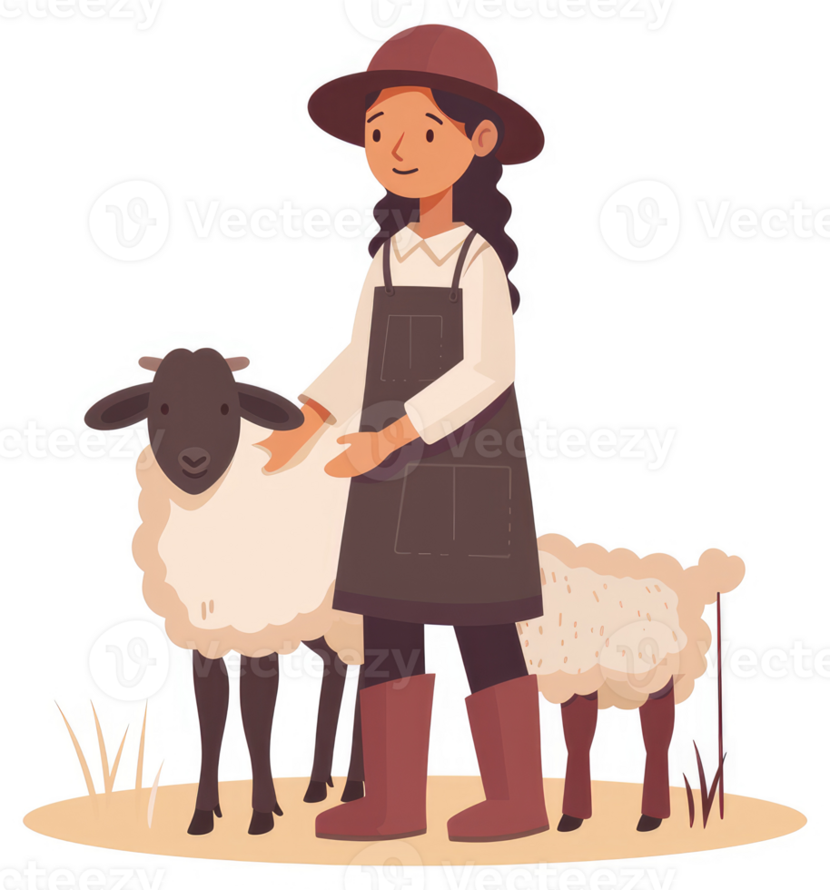 A young girl farmer tending to her sheep. png