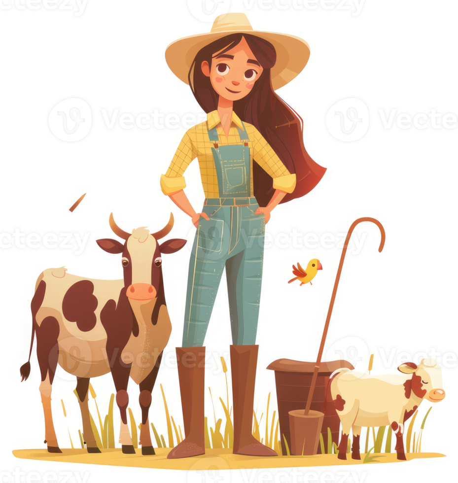 A young farmer stands with cattle in a picturesque rural scene. png