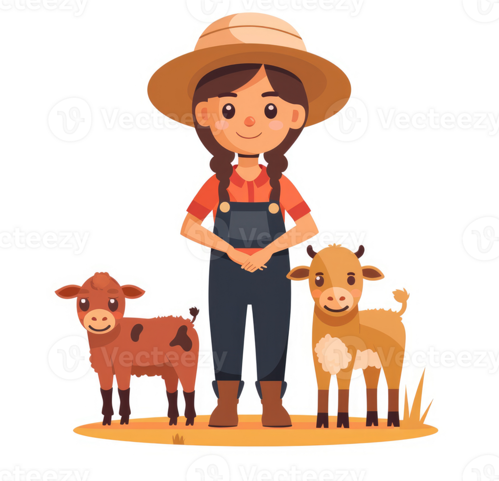 A young farmer stands with two adorable farm animals. png