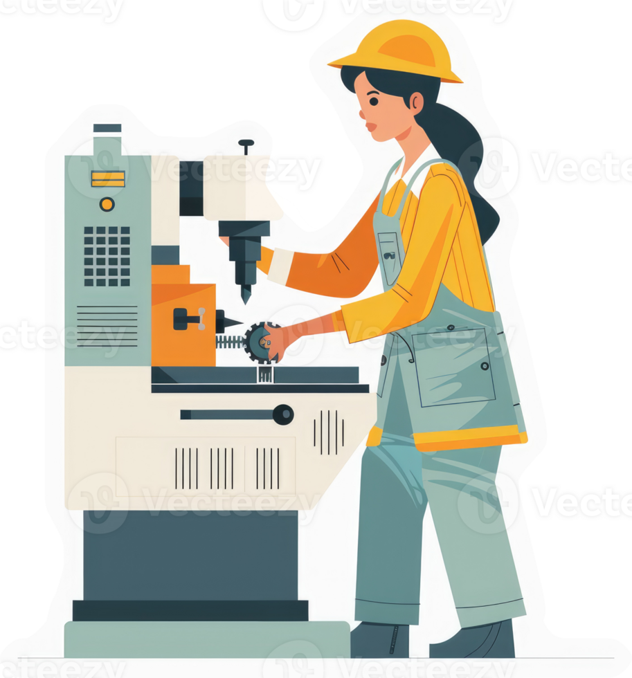 A female technician operating a precision machine in a manufacturing setting. png