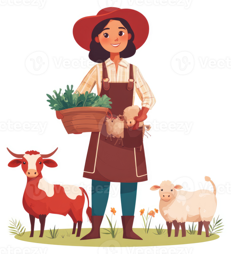 A farmer with a basket of produce and livestock in a field. png