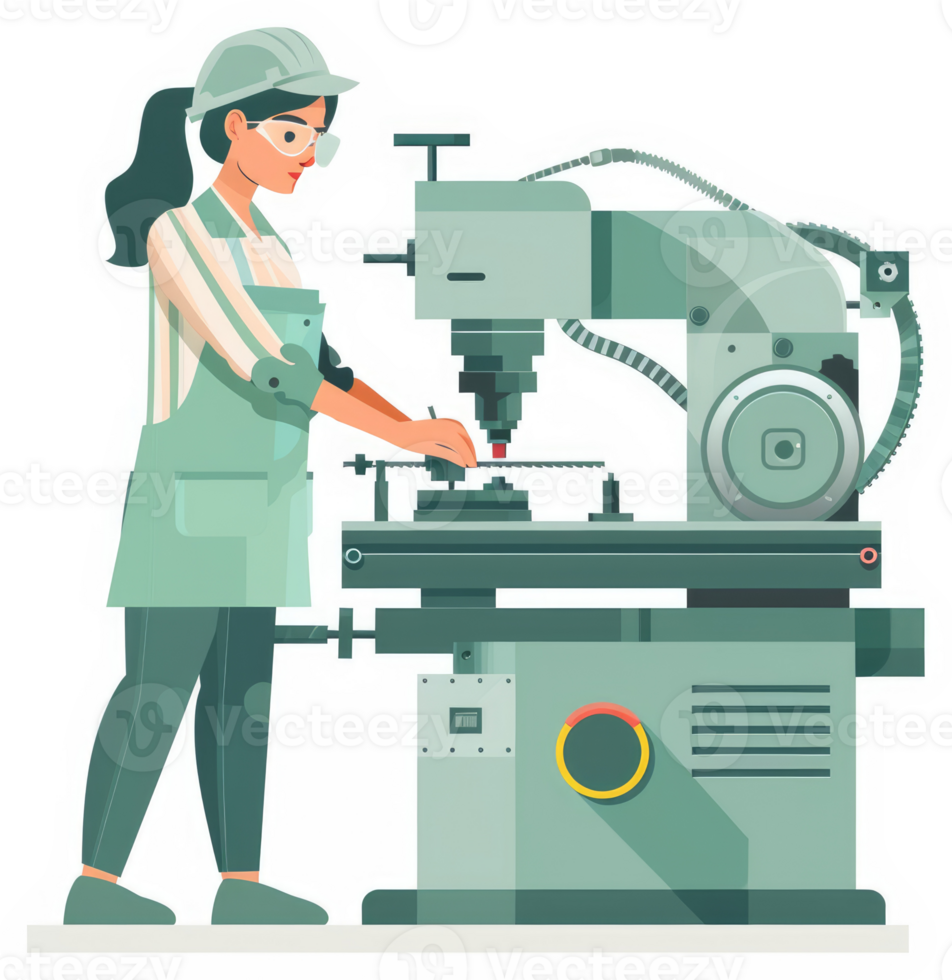 A female engineer operates a precision milling machine. png