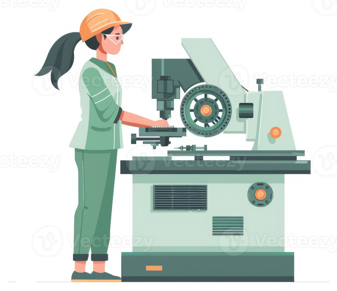 A woman operates a precision machine tool in a manufacturing setting. png