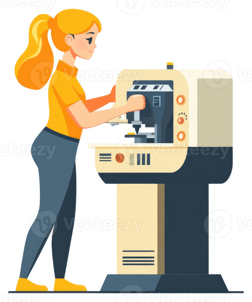 A woman operates a precision machine in a manufacturing setting. png