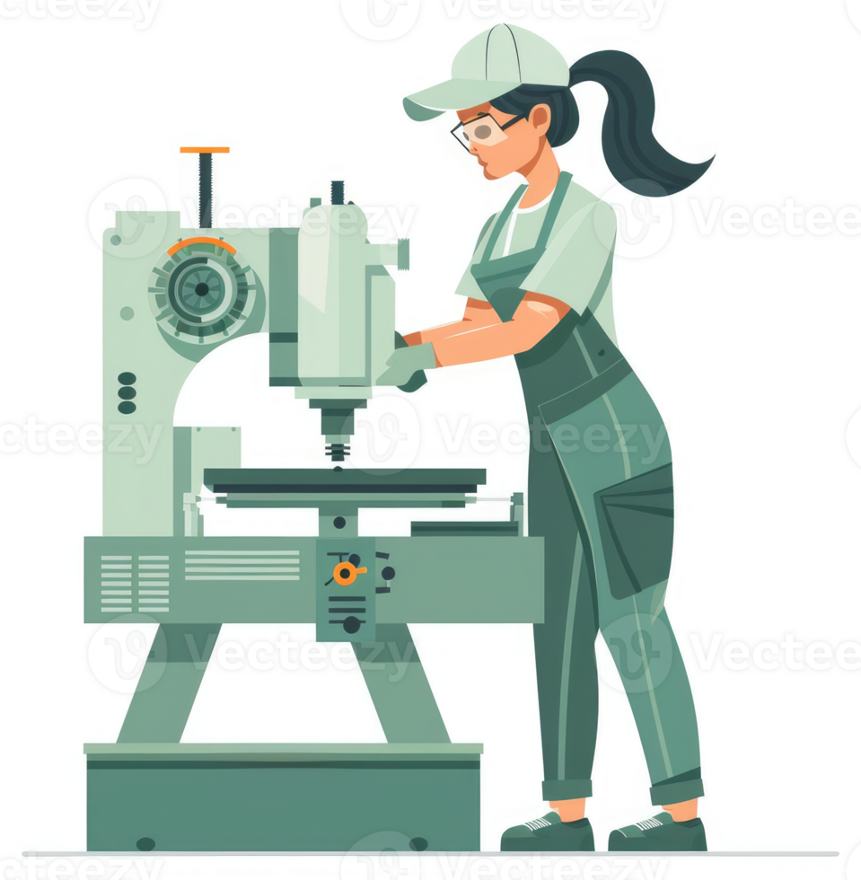 A female machinist operates a precision milling machine. png