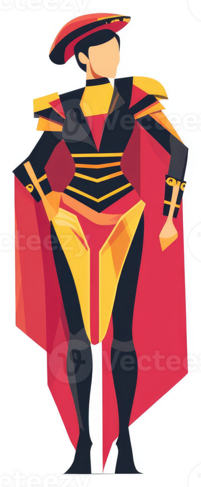 A stylized illustration of a female character in a vibrant red, yellow, and black costume. png