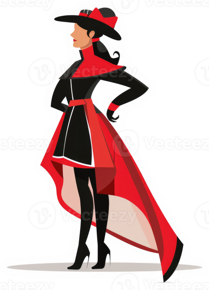 A stylized illustration of a woman in a bold black and red costume. png