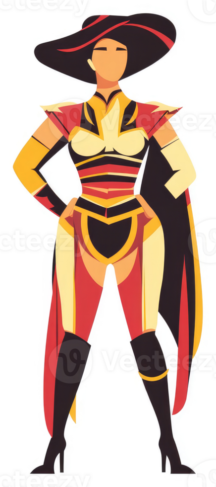 A stylized illustration of a female figure in vibrant red, yellow, and black costume. png