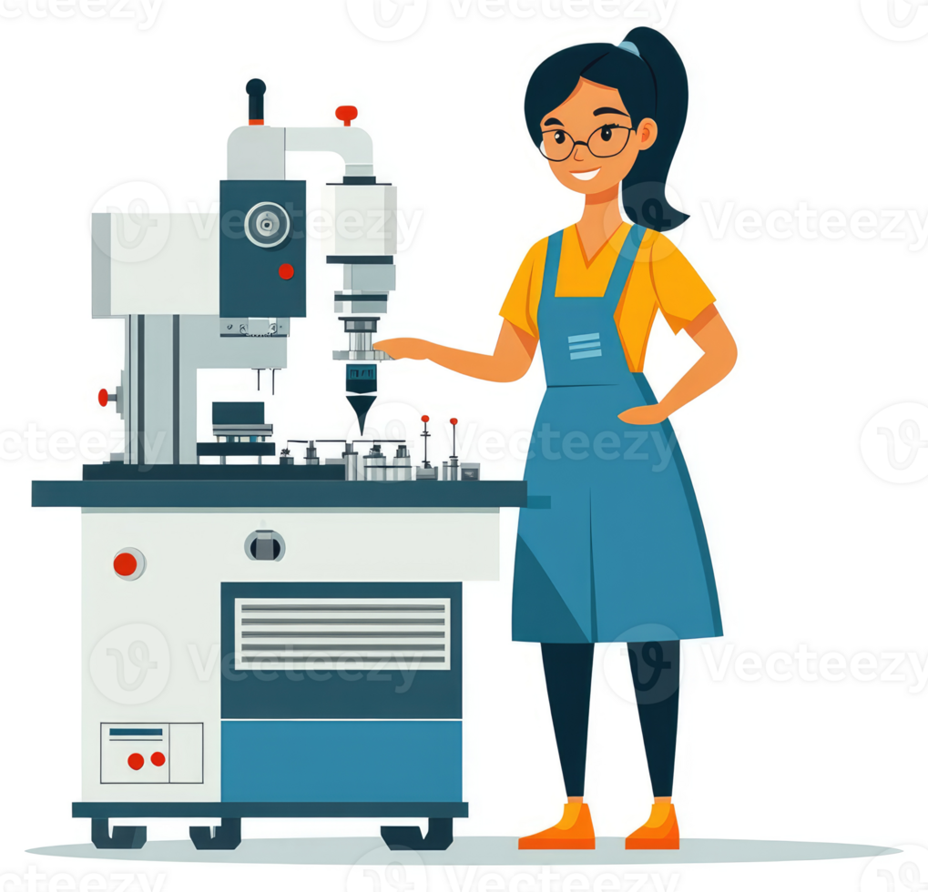 A woman operates a complex automated machine in a manufacturing setting. png