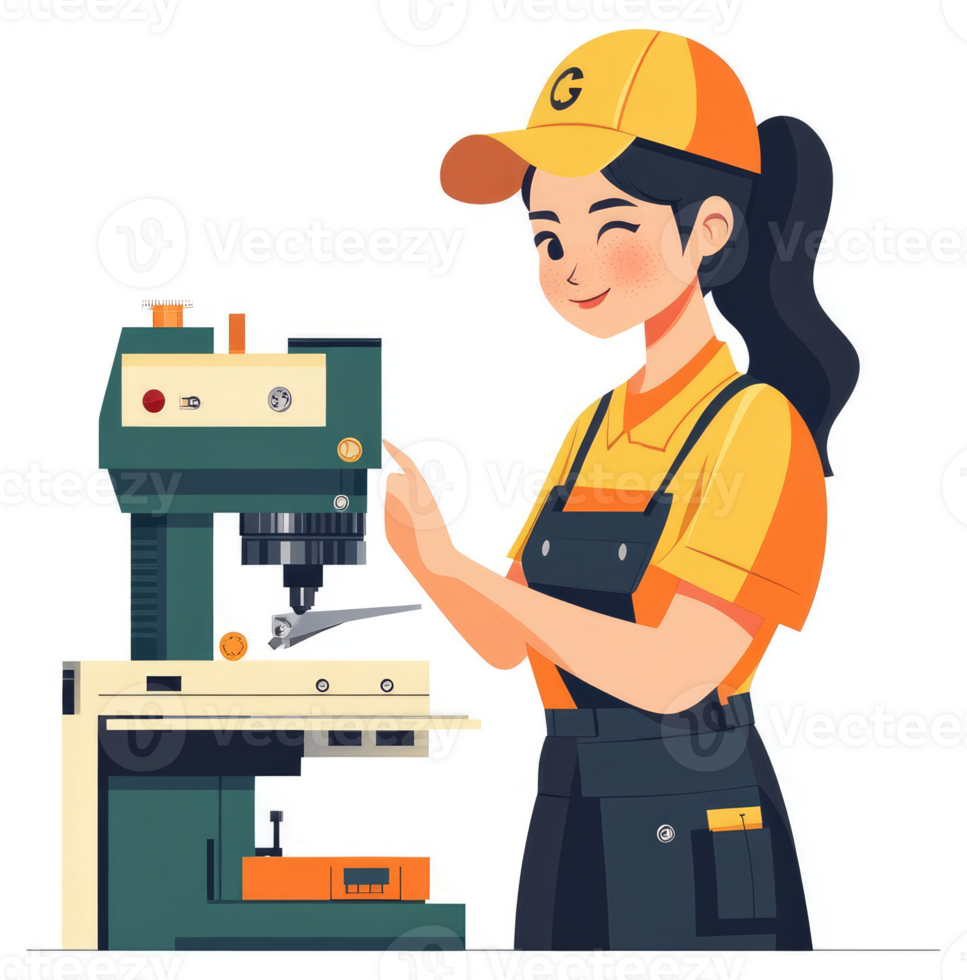 A woman technician working on a machine in a factory setting. png
