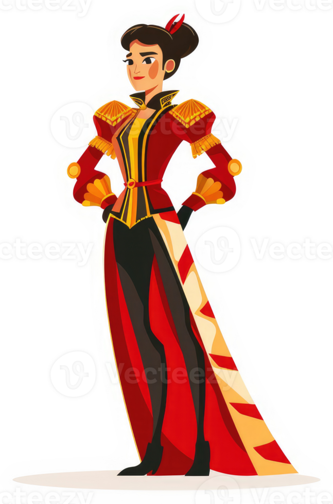 A confident circus ringmaster in vibrant red and gold attire. png