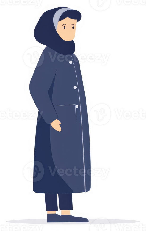 A woman in a winter coat and hijab, standing in profile. png