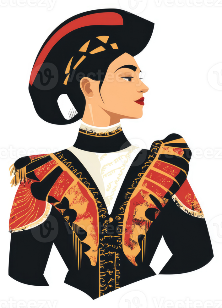 A stylized portrait of a woman in elaborate historical attire. png