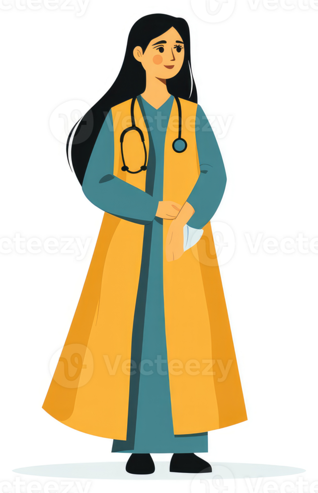A female doctor in a vibrant yellow and teal coat, holding a tissue. png