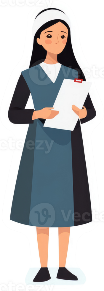 A professional woman in a uniform holding documents. png