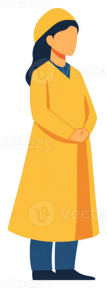 A stylized illustration of a woman wearing a yellow coat. png