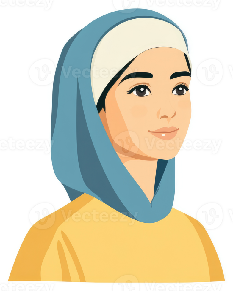A young girl wearing a light teal hijab and a mustard yellow hoodie. png