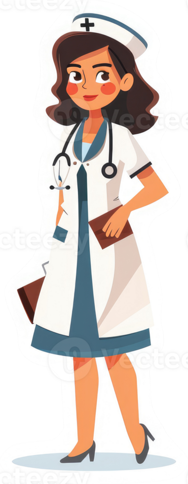 A friendly female doctor in a white coat and cap. png