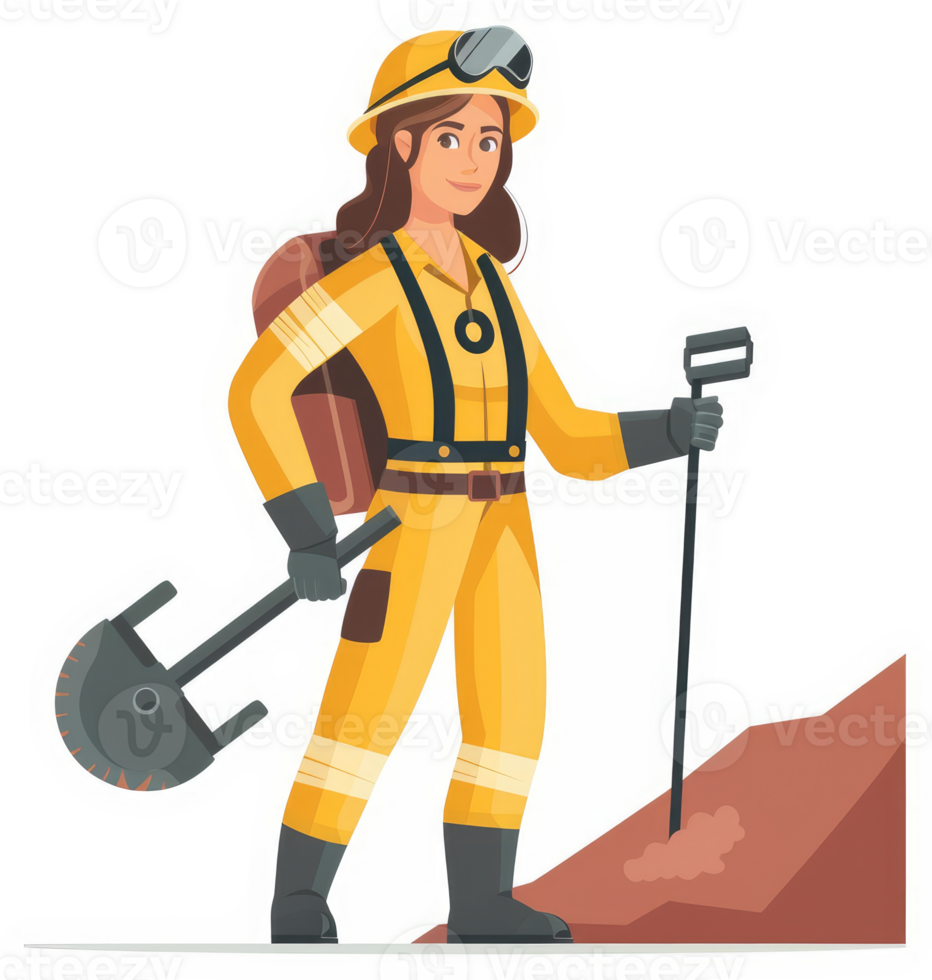 A female miner in protective gear stands on a hill. png