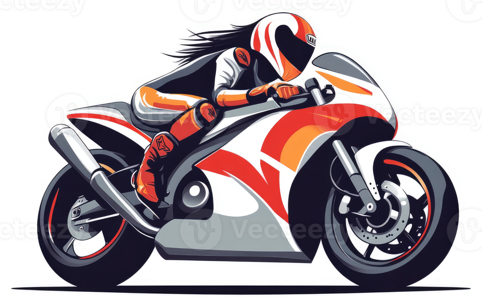 A female motorcyclist expertly controls a vibrant, racing motorcycle. png