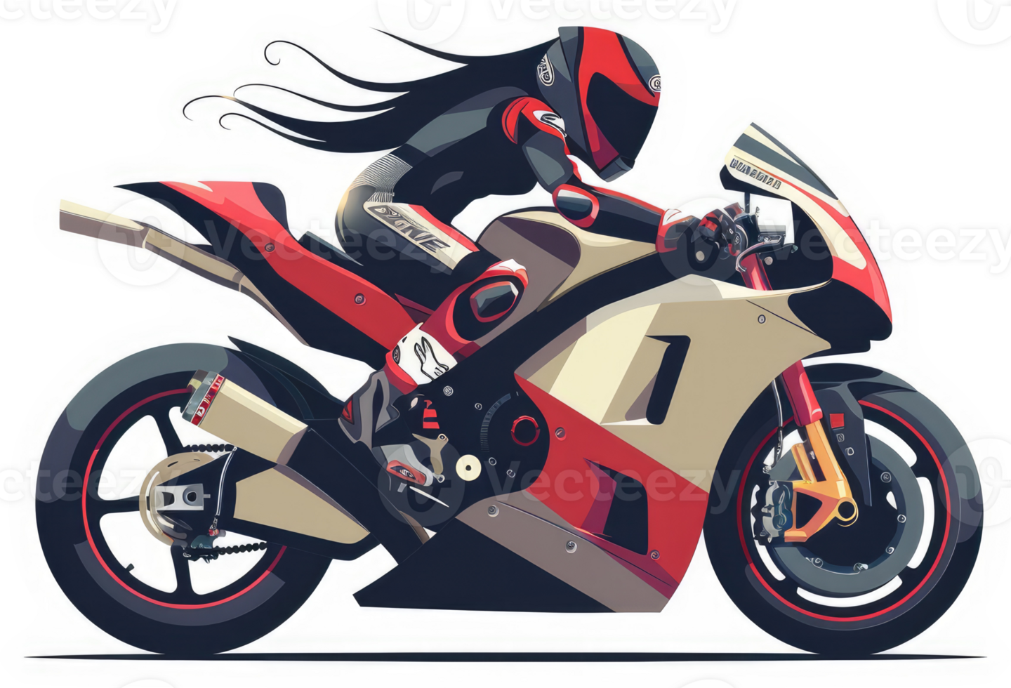 A female motorcyclist in a racing pose on a stylish motorcycle. png