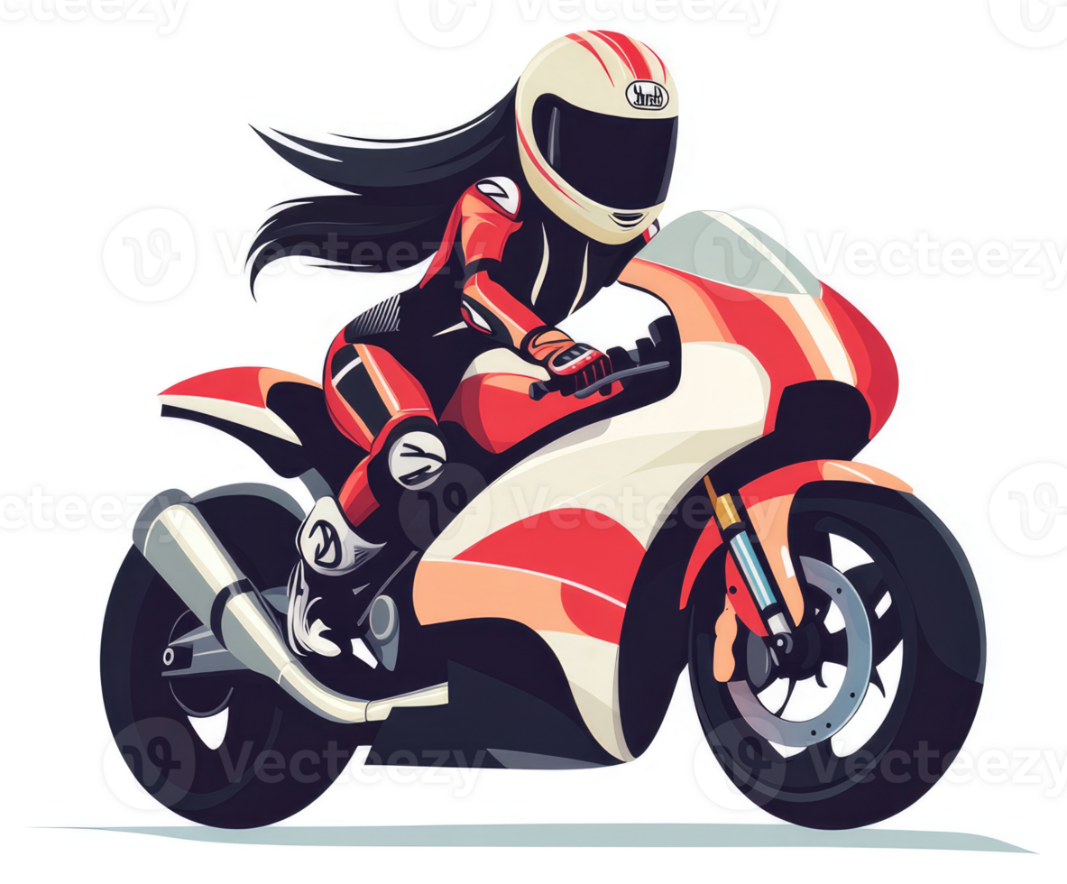 A female motorcyclist in a racing pose on a vibrant red and white motorcycle. png