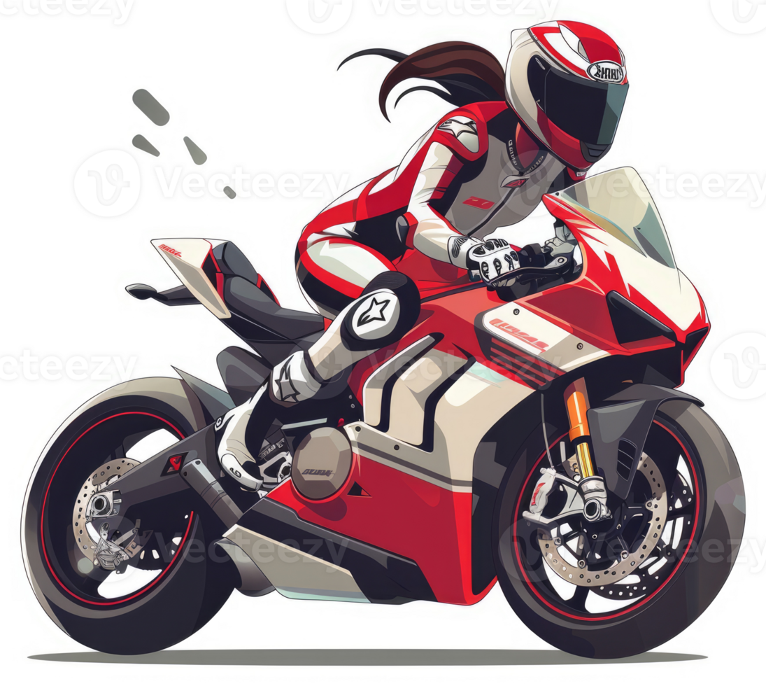 A skilled female motorcyclist astride a vibrant red and white sport bike. png
