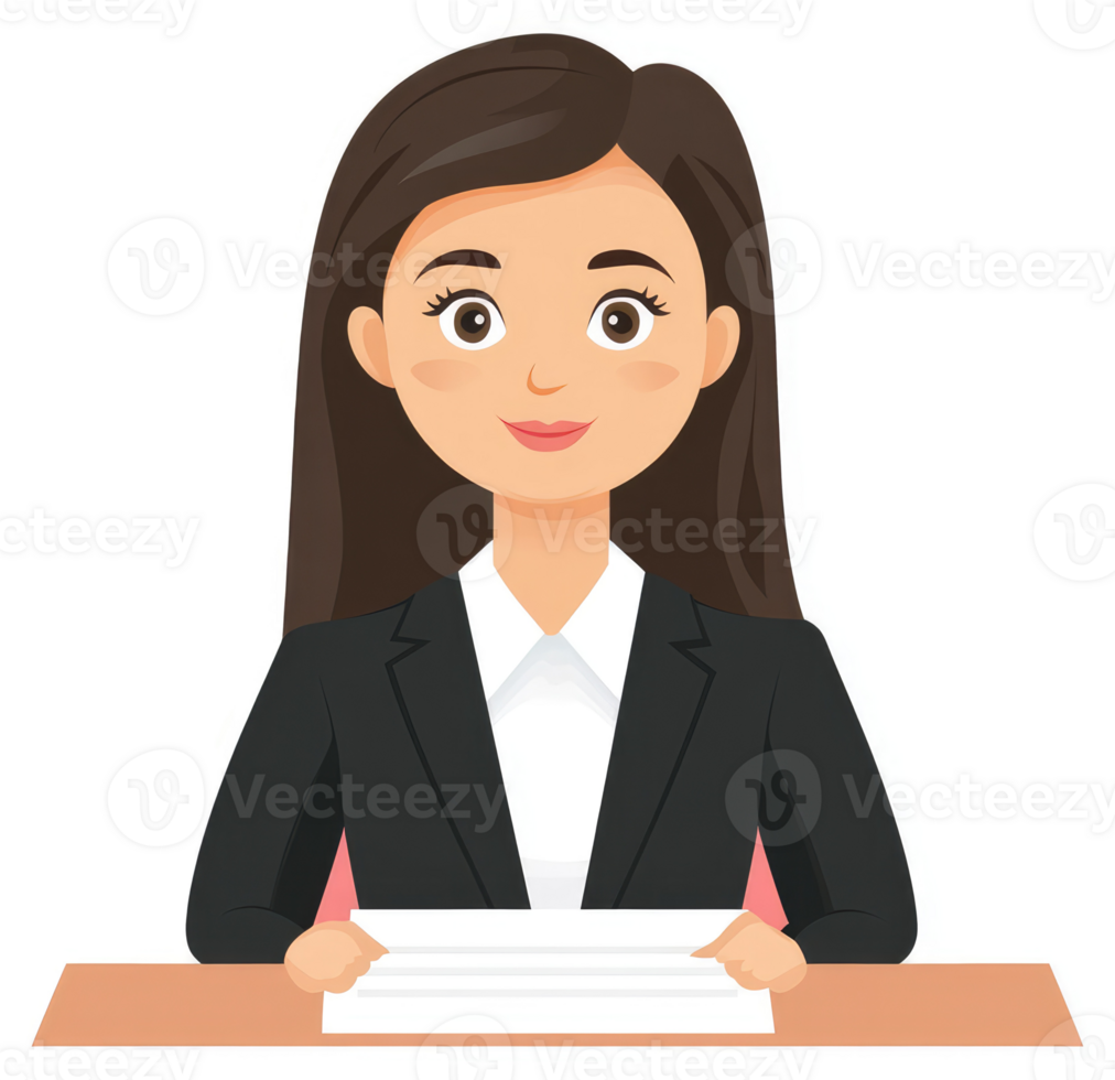 A professional woman in a business suit sits at a desk, holding papers. png