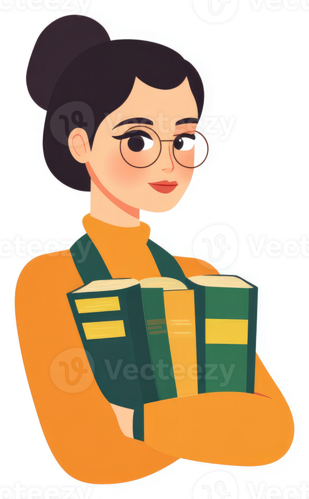 A woman in an orange sweater holding a stack of books, wearing glasses. png