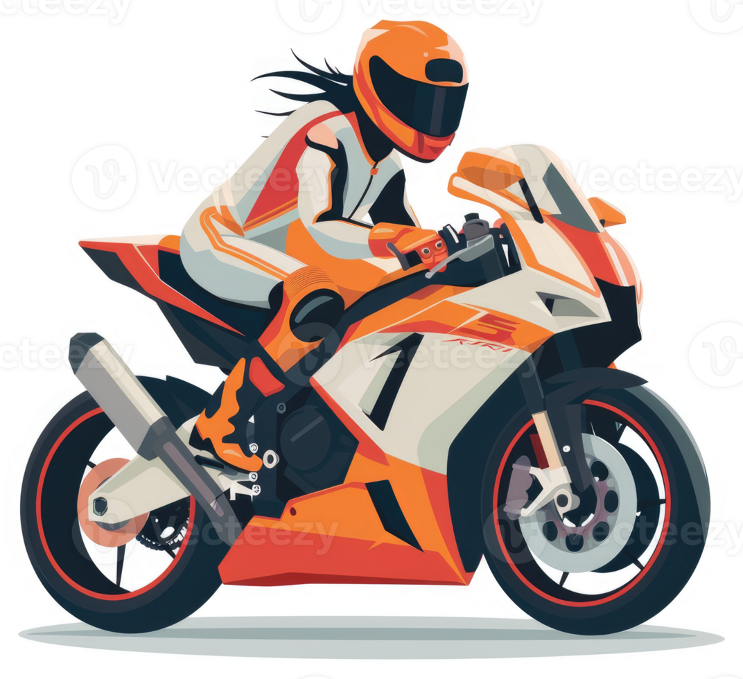 A female motorcycle racer in vibrant orange and white racing gear. png