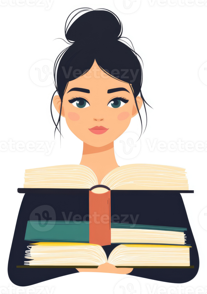 A young woman with a bun, holding many open books. png