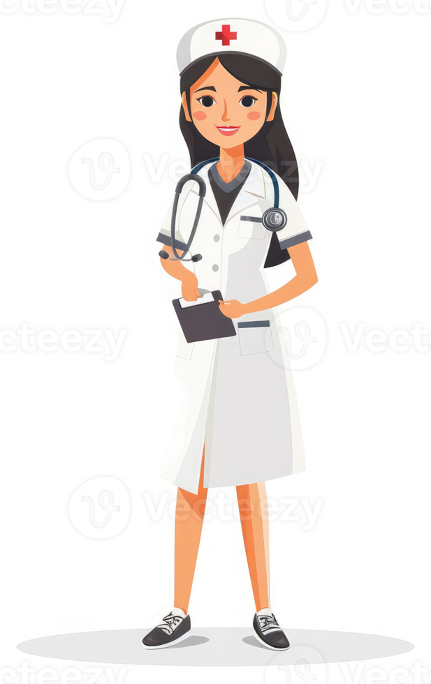 A friendly female nurse in a white uniform, holding a clipboard and stethoscope. png
