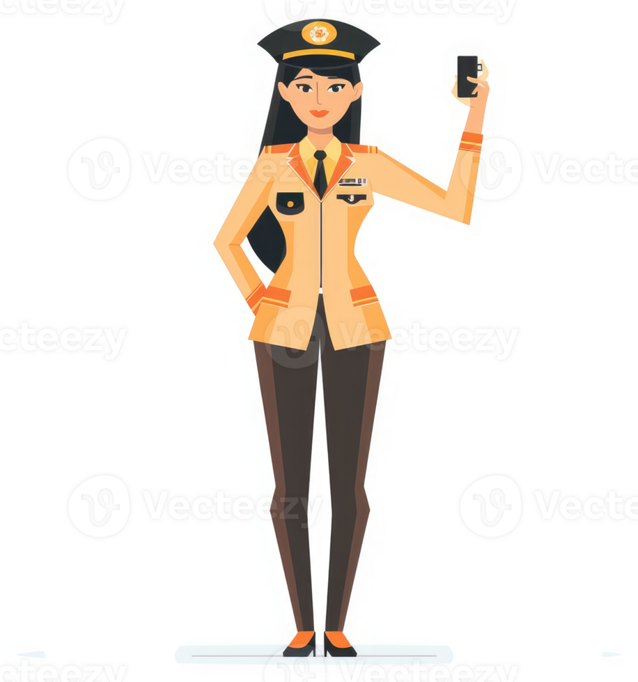 A woman in uniform holding a phone, likely a security officer. png