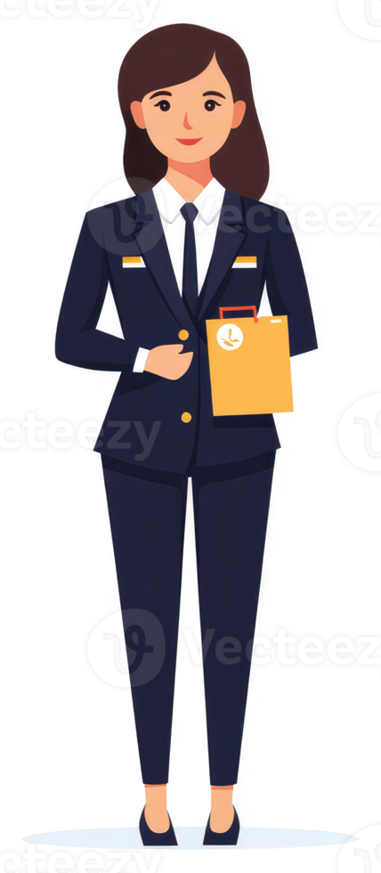 A professional woman in a navy suit holds a file folder. png