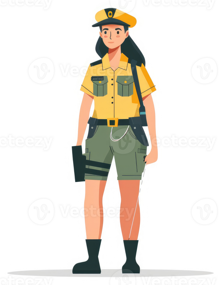 A female security officer in a yellow and khaki uniform. png