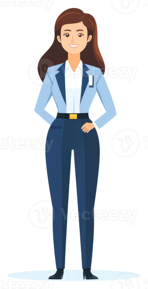 A confident woman in a light blue business suit. png