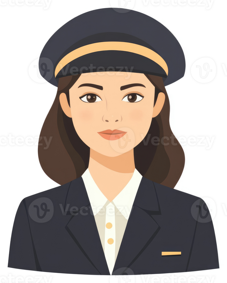 A woman in a navy blazer and pilot's cap. png