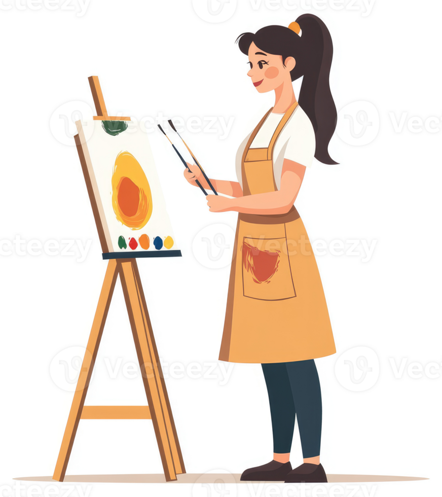 A young woman painting a vibrant artwork on an easel. png