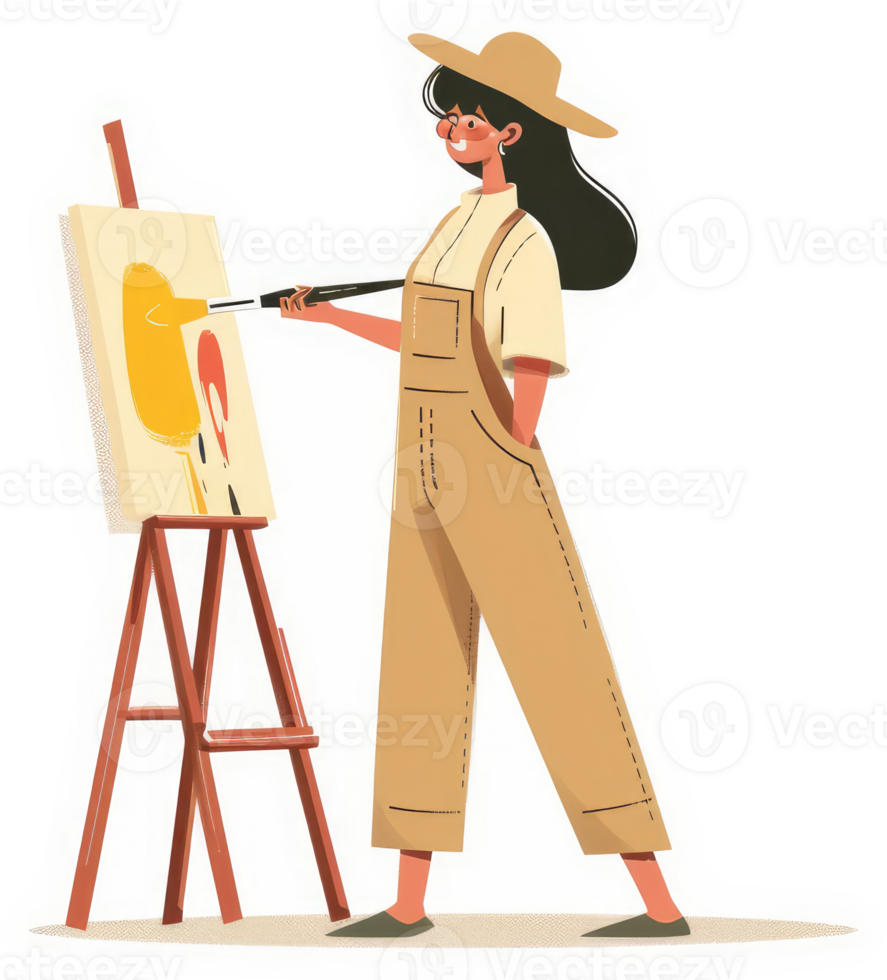 A young woman artist painting a vibrant abstract piece on an easel. png