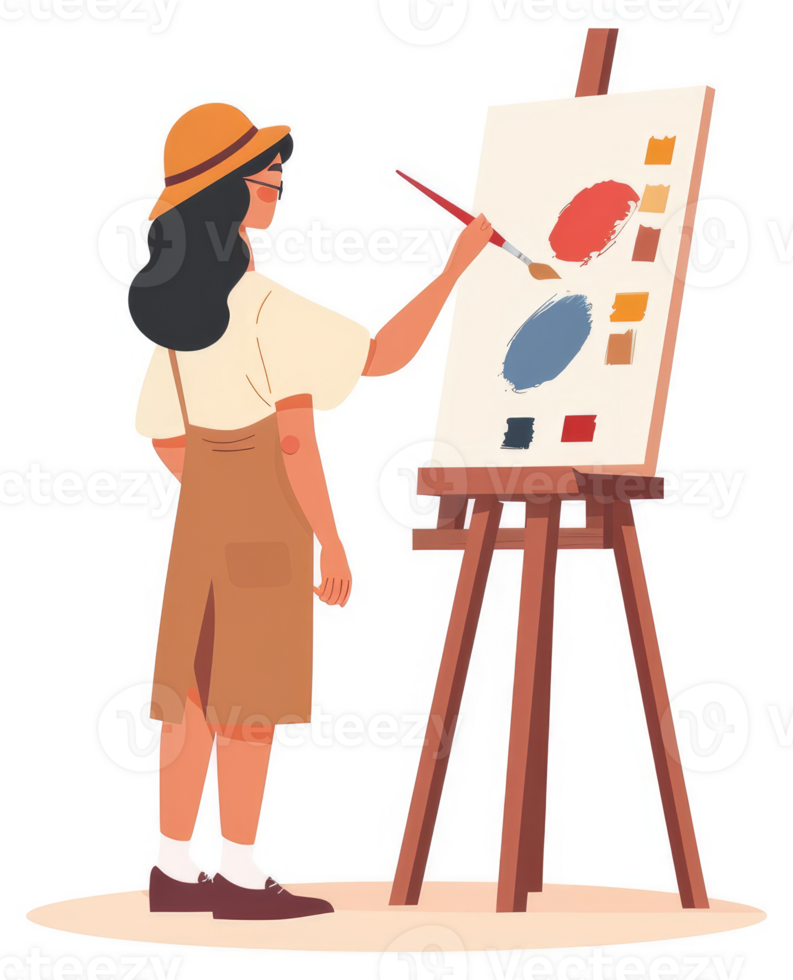 A young artist meticulously paints on a canvas easel. png