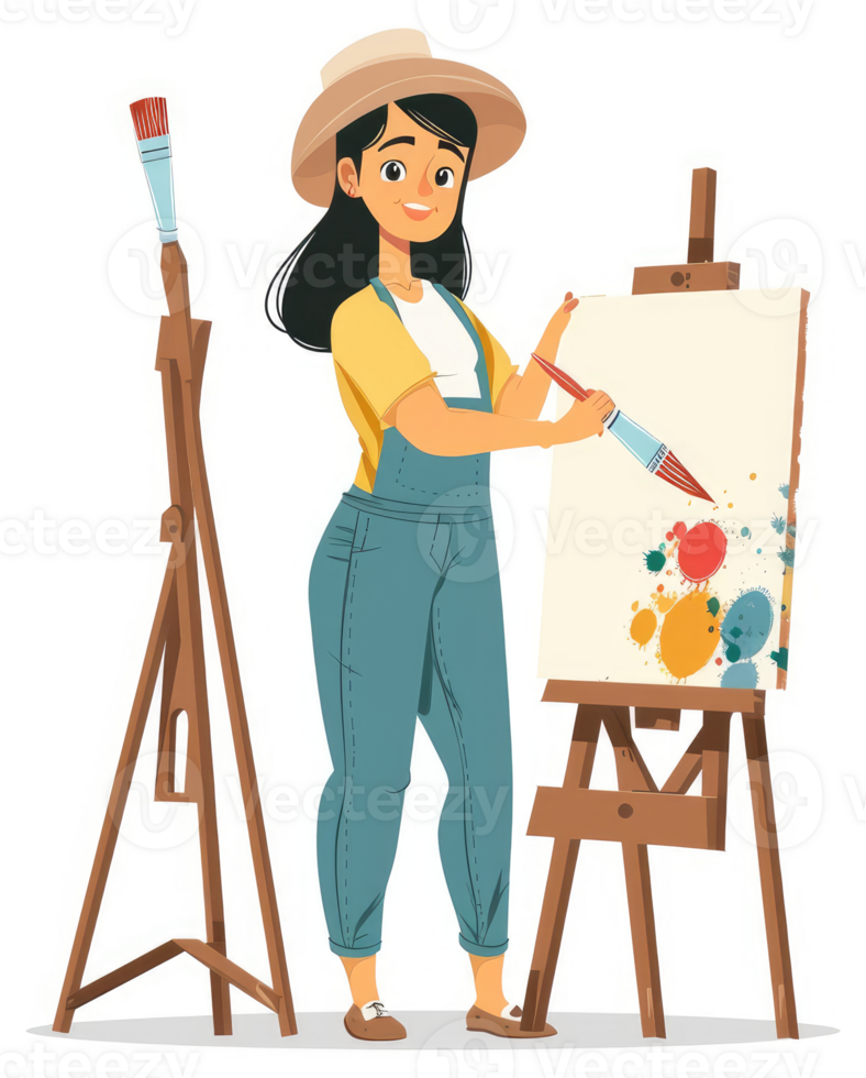 A young woman paints on a canvas easel. png