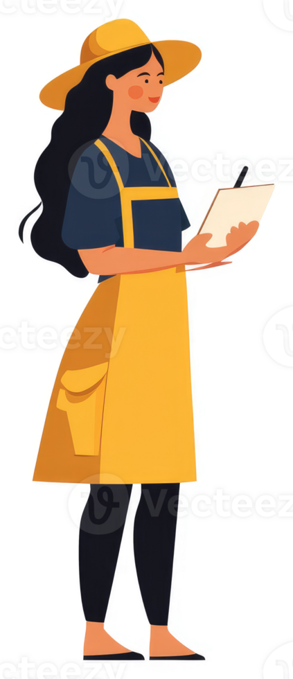 A woman in a yellow apron, taking notes. png