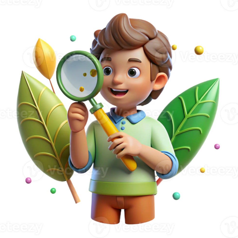 impressive artistic Boy Examining Leaf with Magnifying Glass Transparent Background high quality png