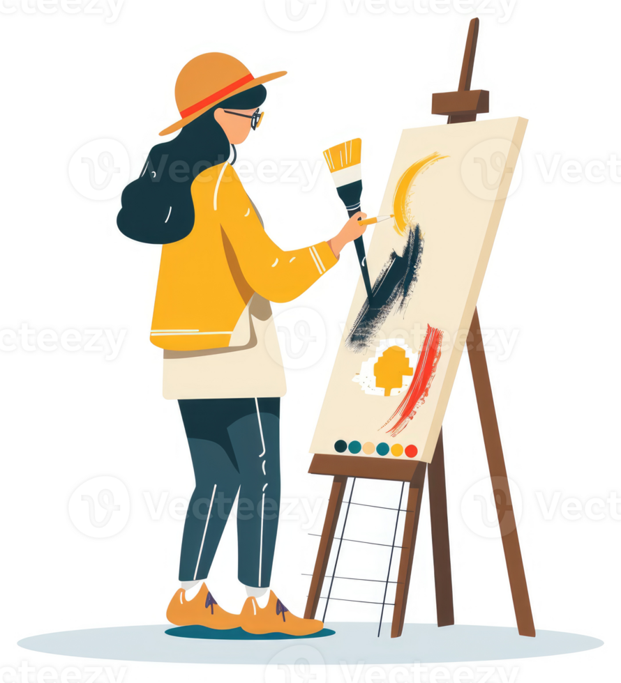 A young artist paints a vibrant abstract piece on an easel. png