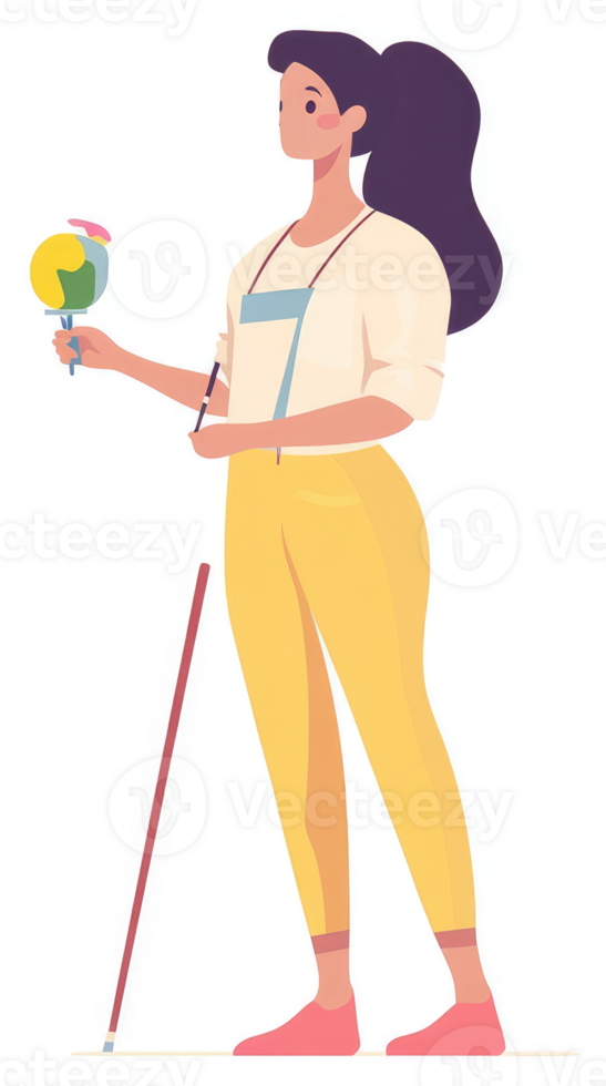 A visually impaired artist holding a globe and painting implements. png