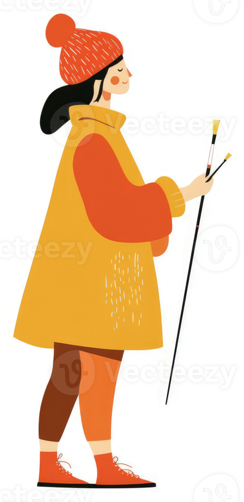 A cheerful artist in warm colors, holding paintbrushes. png